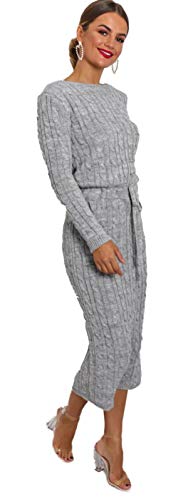 Crazy Girls Womens Cable Knit Belted Midi Dress, Grey, SM (UK 8-10)