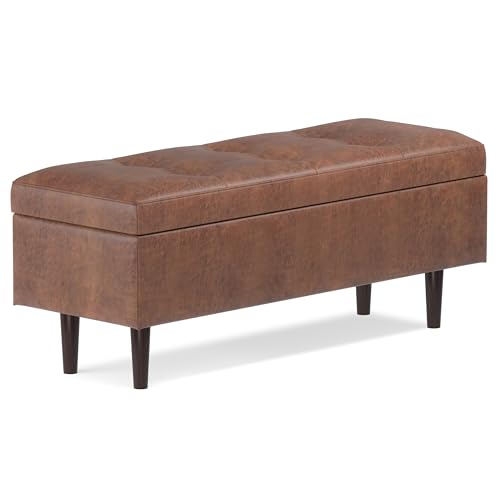 SIMPLIHOME Shay 48 inch Wide Mid Century Modern Rectangular Storage Ottoman in Distressed Saddle Brown Vegan Faux Leather, Assembled, For the Living Room, Entryway and Family Room