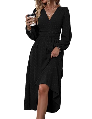 HUXRAKV Damen Elegant Kleid Langarm V-Ausschnitt Freizeitkleider A-Linie Blumenmuster Wickelkleid Herbst Winter Laternenärmeln Kleid Partykleid...