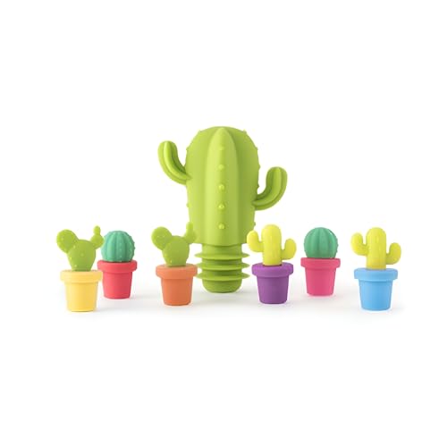 JUJU LLMM 7in1 Set Cute Cactus Silicone Wine Bottle Stopper And Drink Charms, Airtight lid Glass Markers, Funny Party Gadget