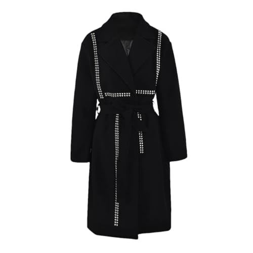 Fnfmrfmr Women Black Rivet Belted Trench Coat Lapel Long Sleeve