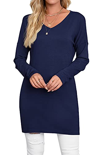 Imuedaen Pullover Damen Casual Sweatshirt Lose Pulli Strickpullover Einfarbig V-Ausschnitt Tunika Oberteil Langarm Bluse Tops (Navy Blau, M) Cover
