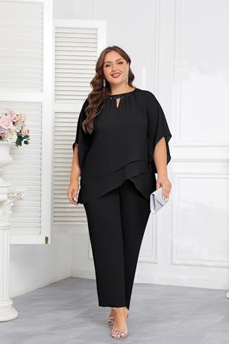 Hanna Nikole Mother of Bride Pant Suits Plus Size Half Sleeve 2 Piece Chiffon Pantsuit Formal Wedding Guest Outfit2