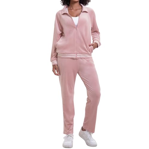 Navisting Women's Velour Tracksuit Zip-Up Jacket and Jogger Pants with Pockets Sweatsuit Loungewear Set 2 Piece Loose Fit Pink L