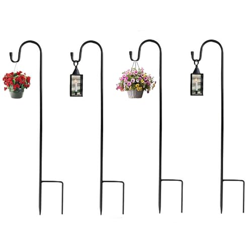 Alytimes Shepherds Crooks Height Adjustable Festoon Pole 80.5 CM/31.6 in Garden Lantern Shepherds Hook with Base for Hanging Basket Stand Patio 4 Sections Stitched (Black) (4)
