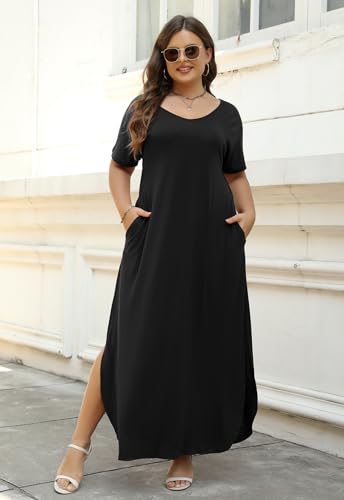 Nemidor Plus Size Maxi Dresses for Curvy Women Casual Summer Slit Loose Short Sleeve Long Dress with Pocket 14-262