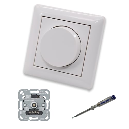 GIRA 245500 LED-Drehdimmer LED-Dimmer mit Dimmerscheibe Zentralscheibe Zentralplatte 065003 Einfachrahmen in System55 reinweiß glänzend inklusive EBROM Phasenprüfer zur Montage des Dimmers