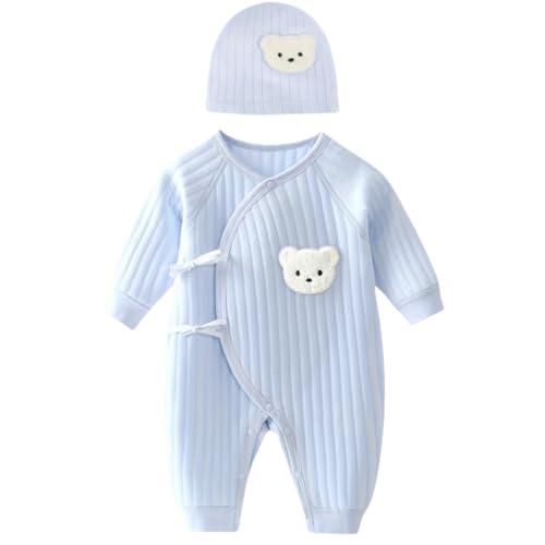 Babyfond - Babyfond Boys Girls Bodysuit Newborn Infant's Warm Cotton Bodysuit with Hat,100% Cotton Toddler Home Wear Thickened Spring and Autumn Clothing (blue, 0-1M)