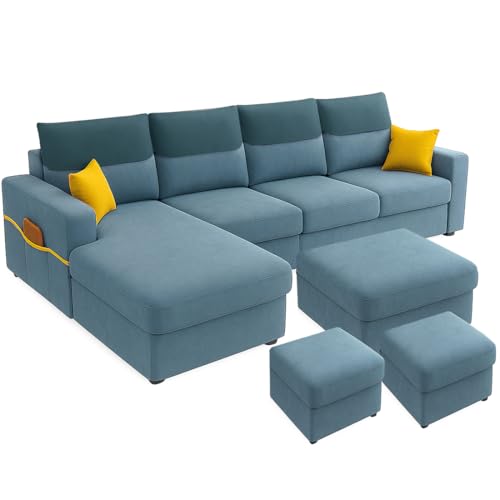 Image of Furny Tokiaa 8 Seater Fabric LHS L Shape Sofa Set with 1 Centre Table & 2 Puffy (Sky Blue) | Soft Velvet Fabric | Modern Design | Comfortable Seating | Living Room Furniture