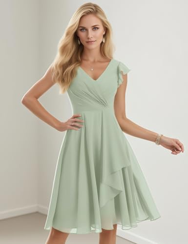 Ruffle Bridesmaid Dresses Short with Pockets Chiffon Prom Dress Flutter Sleeves V Neck Formal Evening Dress for Women3