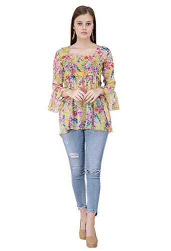 POPWINGS Printed Chiffon Peplum Tops for Women || 3/4th Sleeves Square Neck Women Tops for Summer || Stylish Western Smocking Women Tops