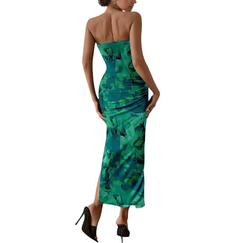 Image of Women's Tube Top Maxi Dresses Printed Tie Dye Strapless Bodycon Long Dress Split Side Sleeveless Party Elegant Outfits