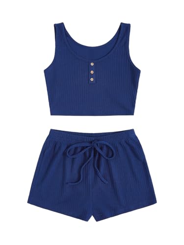 Image of SOLY HUX Women's Button Front Ribbed Knit Tank Top and Shorts Pajama Set Sleepwear Lounge Sets