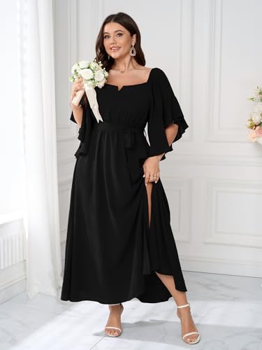 SCOMCHIC Women Plus Size Wedding Guest Maxi Dress Square Neck Ruffle 3/4 Sleeve Belted Slit A Line Formal Long Dresses2