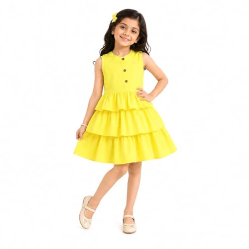 Image of The Magic Wand Kids Girls Printed Casual Dresses, Knee Length Singlet Strap Fit & Flared Cotton Once Piece Stylish Frocks for Summer Season