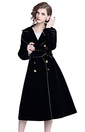 Womens Notched Collar Velvet Belted Double-Breasted Longline Coat