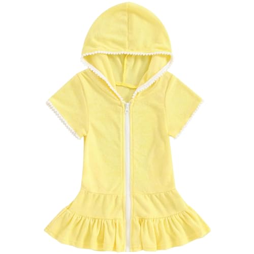 Girls Cover Up Hooded Girls Swim Cover Up Short Sleeve Girl Swimsuit Cover Up Cute Zipper Closure Toddler Swimsuit