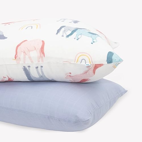 Image of Little Unicorn Standard Pillowcase 2 Pack | Super Soft & Breathable Muslin Fabric | Snug Envelope Closure | for Crib and Toddler Bed (Unicorns)
