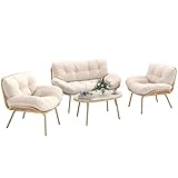 Outsunny Gartenmöbel Set 4-teilig Polyrattan Lounge-Set mit Zweisitzer 2 Sessel Tisch Tiefem Sitz Dicke Kissen Kunststoff-Tischplatte, Balkonmöbel für 4 Personen Sitzgruppe für Garten Balkon Beige