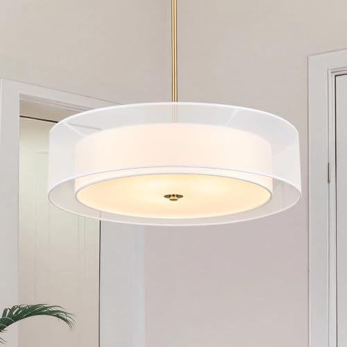Image of VONLUCE 20 inch Drum Chandelier, 3-Light White Fabric Pendant Light Fixture