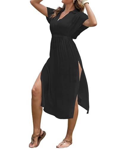 Bsubseach Women's Long Swimsuit Coverup 2025 Casual V Neck Beach Dress Short Sleeve Elastic Waist Swimwear Cover Ups