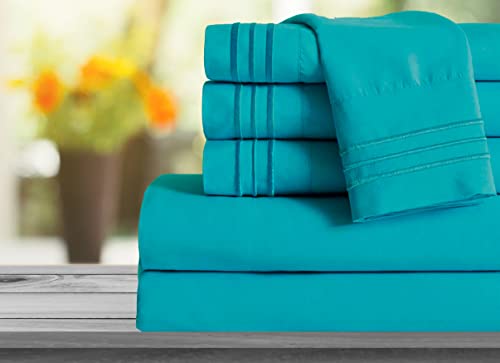 Image of Mocassi King Sheet Set - Luxury Hotel 1800 Premier Bedding Sheets & Pillowcases - Ultra Soft Breathable & Cooling Bed Sheets - Deep Pocket - Wrinkle Resistant - 6 Piece Set - King, Teal