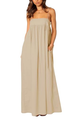 ebossy Women's Summer Backless Tied Spaghetti Straps Casual Loose Cutout Maxi Dress with Pockets