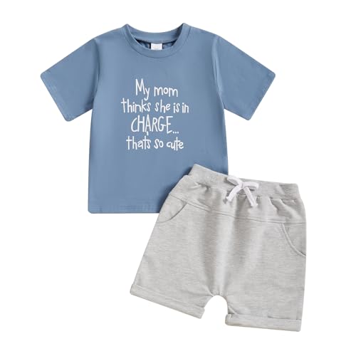 Toddler Infant Baby Boy Spring Summer Outfit Short Sleeve Round Neck Letter Print Shirts Top T-shirt and Elastic Waist Solid Shorts 2Pcs Tracksuit Set Clothes for Little Boy (Blue, 12-18 Months)