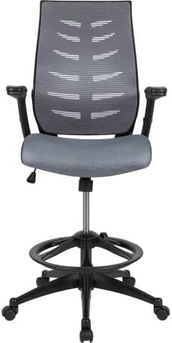 High-Back Ergonomic Drafting Chair with Flip-Up Arms, Adjustable Foot Ring & Breathable Mesh – Tall Office Chair for Standing Desks and Drafting Tables (Black)