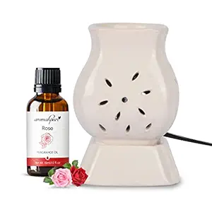 Aromahpure White Electric Ceramic Flower Pot Design Diffuser 15 ml Fragrance Oil | Scented Diffuser Charming Rose | Elegant Diffuser for Home, Mandir, Office, Desk Decoratives, Gifting