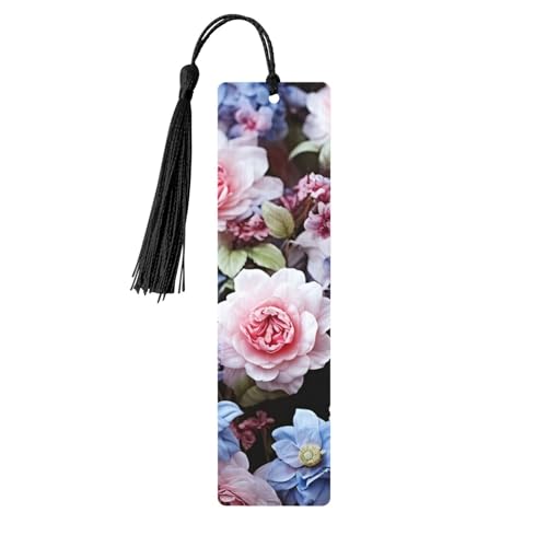 カラフルなタッセル付き木製ブックマーク ブラック、ブルー、ピンクの花 木製ブックマーカー パーソナライズされた木製ハンギングタグ オーナメント DIY クラフトブックマーク 男性/女性向け 本好き向け