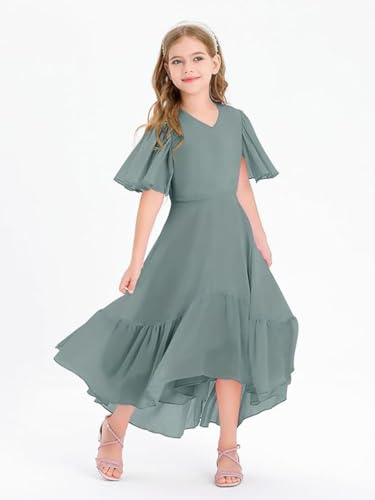 Junior Bridesmaid Dresses for Wedding Girls Ruffles Casual Flowy High Low Party Dresses PT1382