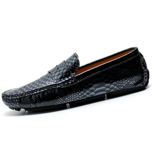 Men's Slip-On Flats Driving Loafers with Snake Print Outdoor Leather Shoes