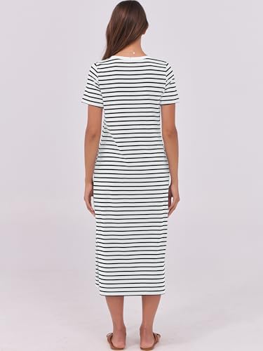 Image of ANRABESS Womens Midi Dress,Summer Long Tshirts Dresses,Short Sleeve Split Stripe,Comfy Travel Beach Vacation Casual Wear