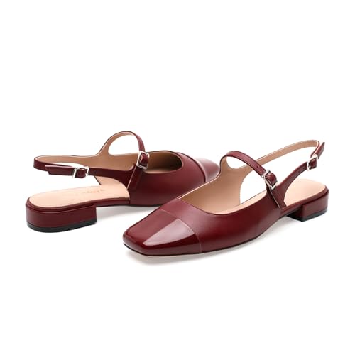 Genuine Leather Slingback Flats for Women Square Toe Elegant Women's Flats with Buckle Strap Dress Shoes for Casual Work Office Party 6