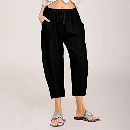 Women Cotton Linen Capris Casual Summer High Waisted Drawstring Carpi Pants Loose Comfy Cropped Trousers2