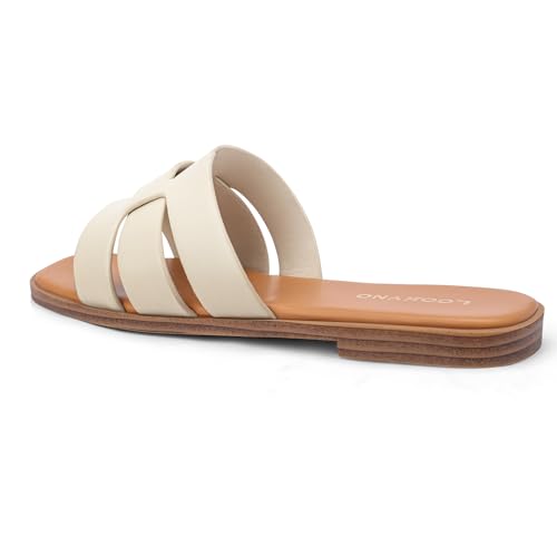 Image of Flat Sandals for Women Comfortable Slip On Dressy Summer Leather Slides with Square Open Toe