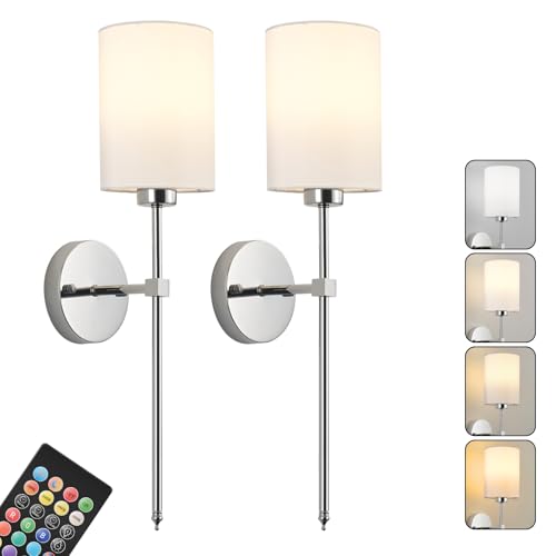 Image of Battery Operated Wall Sconce Set of Two,Wireless Rechargeable Wall Light With Remote Control, Dimmable, 1800K /3000K /4000K /6000K /RGB, Timer, for Living Room, Bedroom, Fireplace, TV, 26.8 Inch, Chrome