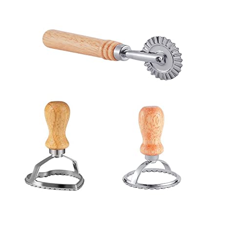 SYXLS 3 Stück Ravioli Ausstecher Former, mit Teigtaschenformer und Teigrädchen Ravioli Former Set Raviolischneider Edelstahl Ravioli Stempel Holzgriff Ravioli Former, für Ravioli, Empanadillas Cover