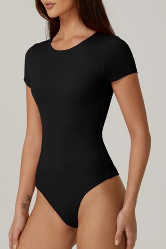 Image of QINSEN Women's Crew Neck Short Sleeve Bodysuit Double Lined Body Suits Basic T-shirt Tops