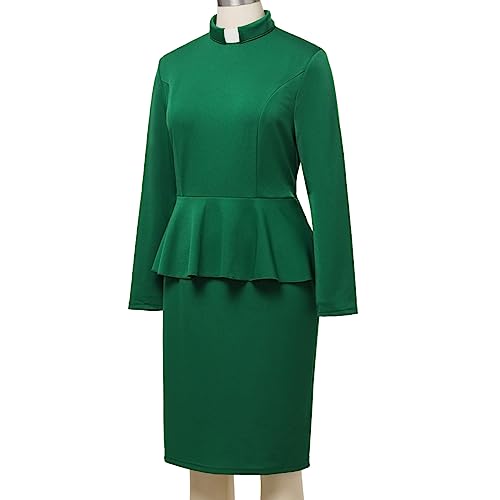 Image of FAD-4U Church Clergy Dress for Women Minister Long Sleeve Ruffle Slim Pencil Dress with Tab Insert Stand Collar