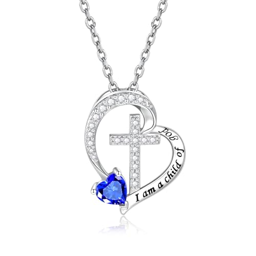 MANBU Sterling Silver Cross Necklace for Girls: Heart Birthstone I am a Child of God Pendant Religious Jewelry Baptism First Communion Confirmation Gifts for Teens