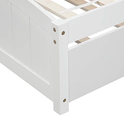 Twin Platform Bed with Trundle, Rockjame Minimalistic Stylish Wood Bed Frame, Easy to Install, Suitable for Kids, Teens and Adults (White)