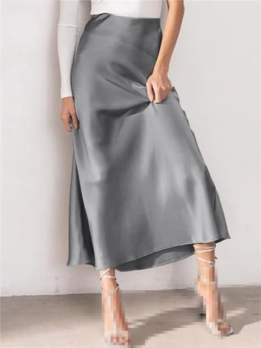 Fashion High Waist Solid Midi Skirt Women Holiday Work Party Satin Skirts2