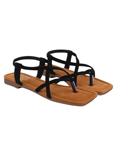 Image of Shoetopia Women's Toe Ring Flat Sandals, Strappy Cross Strap Slip-On Flats, Comfortable Casual Daily Summer Footwear