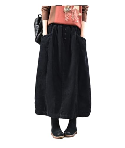 Women Vintage Button Front Bubble Corduroy Long Skirt with Pockets A-Line Silhouette Fall Midi Skirt Japanese Style