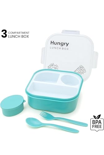 Image of Hungry Lunch Box with Water Bottle | Leakproof 3 Compartment Tiffin Box with Spoon, Fork & Sauce Container | BPA Free Food Grade Plastic | Microwave & Dishwasher Safe Lunch Box for School (Sea Blue)