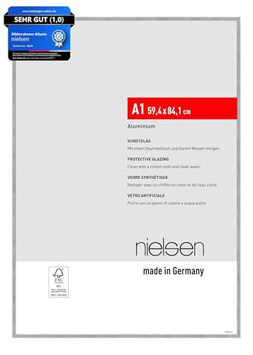 nielsen Bilderrahmen, 59,4 x 84,1 cm (A1), Aluminium, Silber matt, Posterrahmen zum Aufhängen im Hoch- & Querformat, bruchsicheres Kunstglas, Atlanta