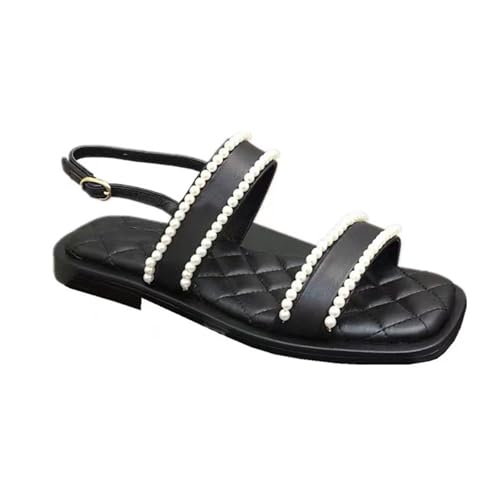 Womens Sandals Flat-soled sandals with pearl buckle for women, fashionable contrasting colors, versatile slippers for women to wear on beach vacation