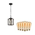 EDISHINE Farmhouse Pendant Light Fixture with Wooden Grain Finish 63 Inch Adjustable Chain 6 Pack Vintage LED Edison Bulbs ST64 Dimmable 2200K Amber Warm Light E26